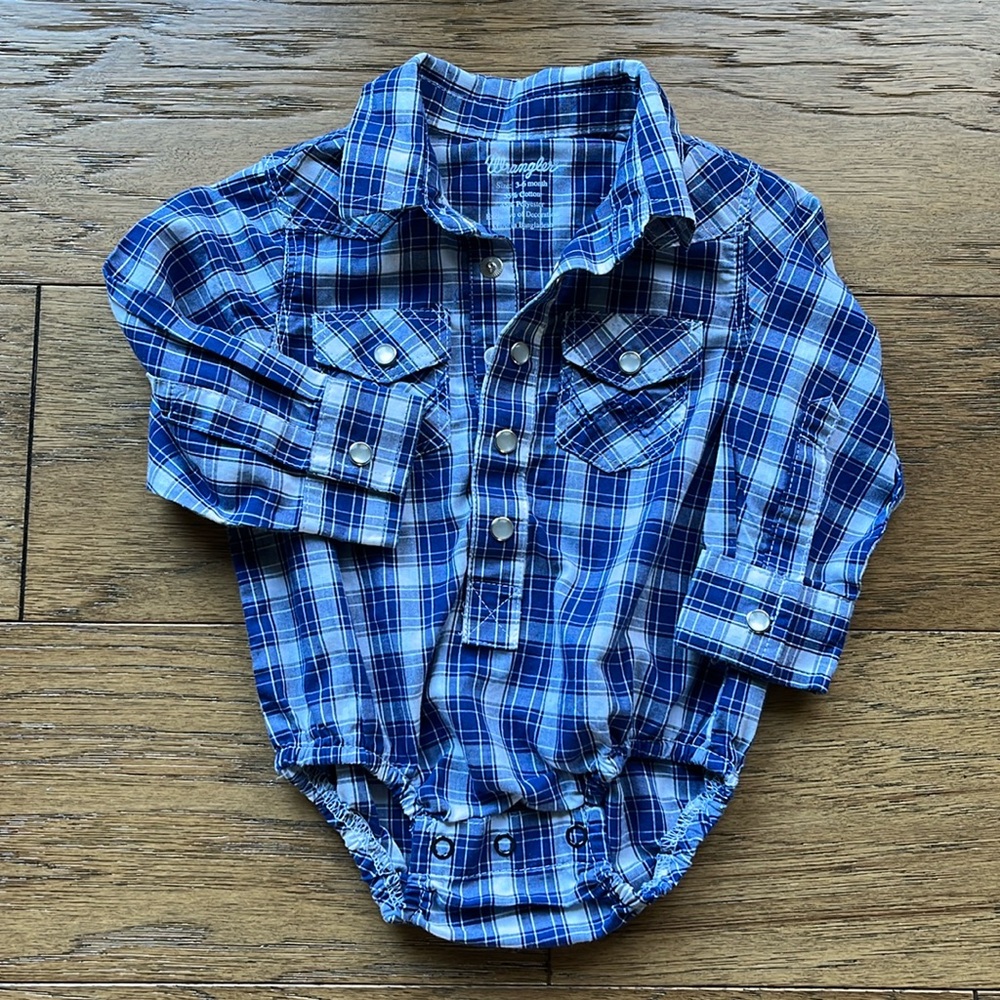 Blue plaid baby boy wrangler button up onesie dress shirt